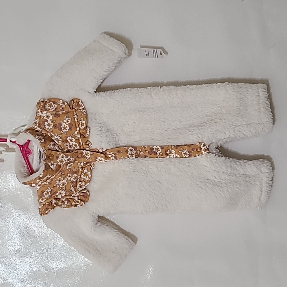 NICOLE MILLER Cream and Mustard Floral Kids Fur‎ Coverall - Size 3/6M